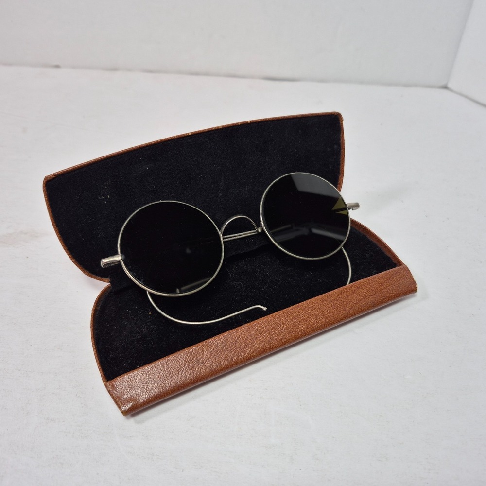 Vintage Willson Round Wire Rim Safety Glasses Dark Lens Metal Case Steampunk